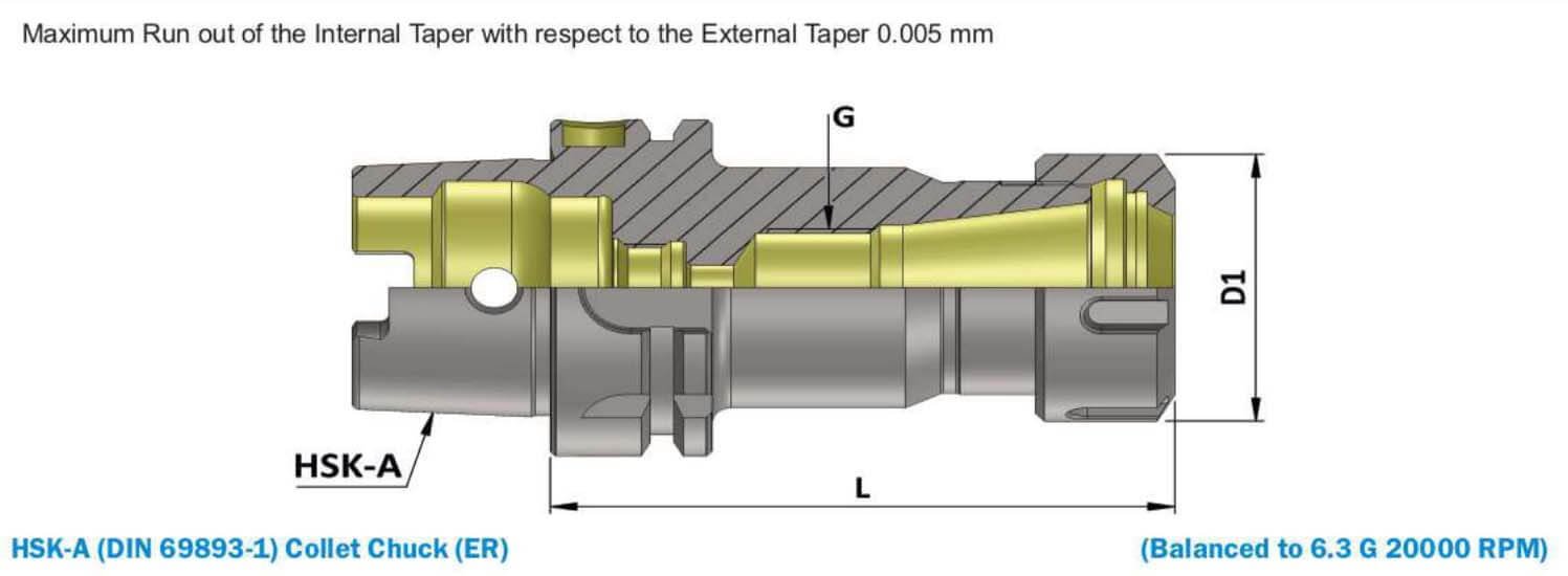 HSK-A 100 ER40 160 ER Collet Chuck (Balanced to G6.3 20000 RPM) (DIN 6499)